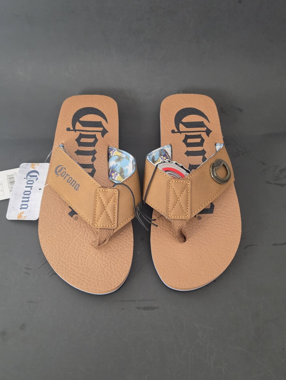 Corona Men’s Brown Tan Leather-Style Toe-Post Flip Flops With. Bottle. Opener.